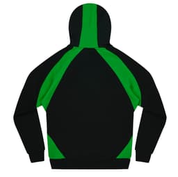 A black and green hoodie featuring a hood and contrast panelling on the back. It has a logo on the front.