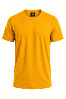 A short-sleeved t-shirt in bright yellow, featuring a logo on the neckline.