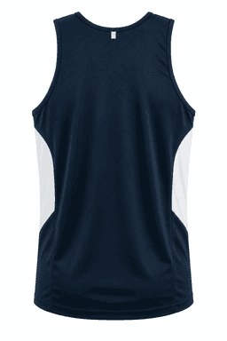 A navy single with white side panels, featuring a logo, designed as a men’s singlet.