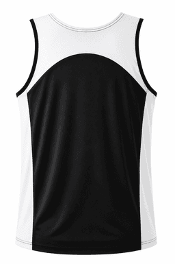 A men's singlet featuring a black front with white side panels and a rounded design at the back. It has a logo.