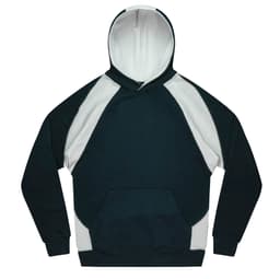 A hoodie featuring a combination of dark green and white colours, with a front pocket and a hood.