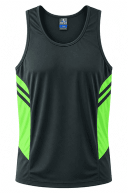 A black singlet with bright green side panels and a logo on the front.