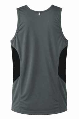 A grey men's singlet with black side panels, featuring a brand logo on the back.