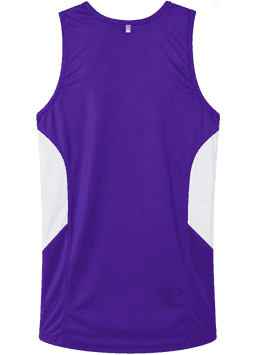 A purple singlet with white side panels, featuring a logo on the back.