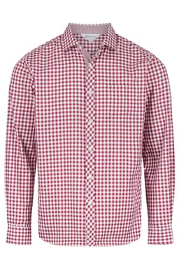 A long sleeve button-up shirt in red and white gingham check, featuring a branded logo.