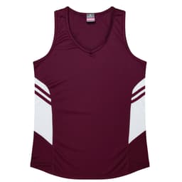 A maroon singlet featuring white side panels and a logo. Ideal for warm-weather wear.