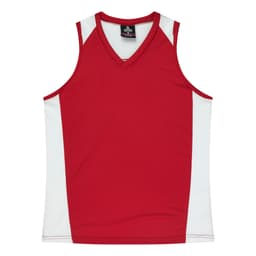 A red singlet with white side panels, featuring a V-neck design and a logo on the neckline.