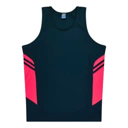 A dark navy singlet with bright pink side panels and a branding logo on the label.