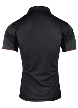 A black polo shirt with short sleeves, featuring red detailing. The shirt has a logo on it.