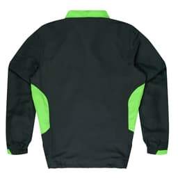 A children's tracktop in black with bright green accents, featuring a collar and long sleeves. It has a branding logo.