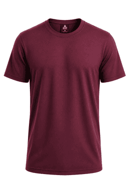 A maroon T-shirt with short sleeves and a round neckline, featuring a logo on the inside label.