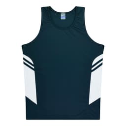A black and white singlet featuring contrast stripes and a branded label. Suitable for kids.