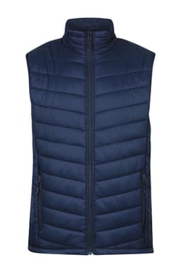 A navy blue padded vest with a high collar and zippered pockets, featuring a logo on the front.