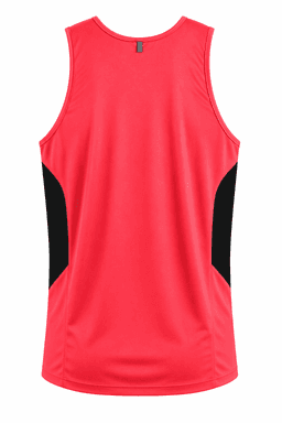 A red singlet with black side panels and a branded logo on the back.