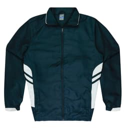 A navy blue tracktop with white side stripes, featuring a front zip and collar. The top also has a logo.