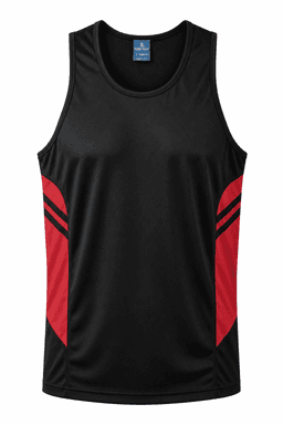 A black singlet featuring red side panels and two black stripes, with a logo on the top.