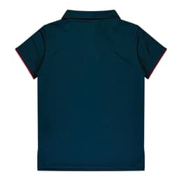 A dark navy polo shirt with short sleeves and red detailing on the edges, featuring a logo.