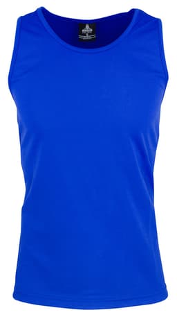 A blue men's singlet with a round neckline and a branded label. The fabric appears smooth and lightweight.