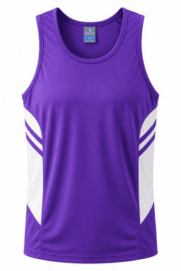 A purple singlet with white detailing and a logo on the upper part. Designed for men's sportswear.