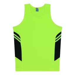 A bright yellow singlet with black side panels and a logo at the neckline. Ideal for kids.