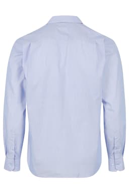 A long sleeve, button-up men's shirt in light blue with a striped pattern and a logo on the back.