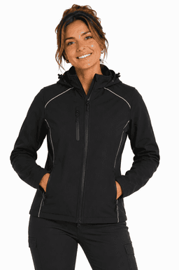 A soft shell jacket in black, featuring a zippered front and a hood, displayed on a model.