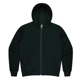 A green zip-up hoodie with a hood and front pockets, featuring a logo.