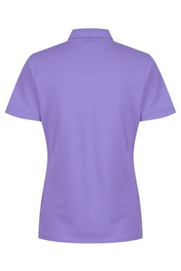 A back view of a purple polo shirt featuring a collar and short sleeves. It includes a logo.