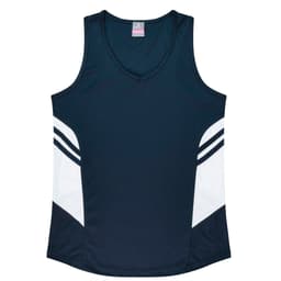 A navy singlet featuring side panels in white, designed for women. It has a v-neck and includes a logo.