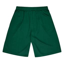 Green sports shorts featuring an elastic waistband and a logo. Suitable for kids' sports uniforms.