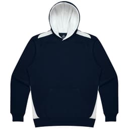 A navy blue hoodie with a light grey interior and contrasting side panels, featuring a front pocket and a logo.