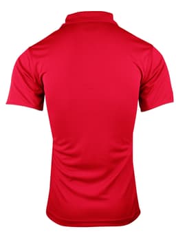 A red polo shirt with a classic collar and short sleeves. The back view highlights a smooth, minimalist design.