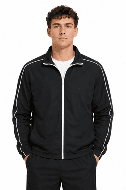 A black men's jacket with white stripes, featuring a zip front and a casual fit, with a logo present.
