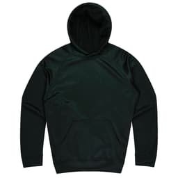 A dark green hoodie with a front pocket and a hood, featuring a logo on the upper left side.