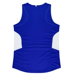 A blue singlet with white side panels and a branding logo, designed for women's wear.