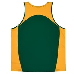 A green and yellow singlet featuring a rounded design and a logo. Suitable for kids' wear.
