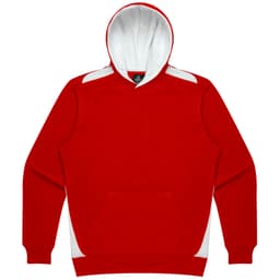 A red hoodie with a white hood and side accents, featuring a front pocket and a logo.