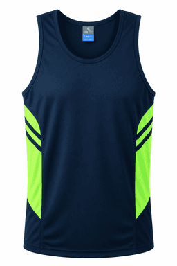 A navy singlet featuring lime green side panels and a logo on the chest.