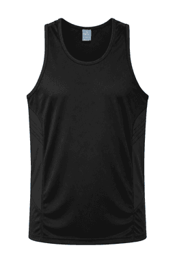 A black men's singlet featuring a sleek design and side panels, with a logo on the upper section.