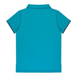 A turquoise polo shirt with a collar and short sleeves, featuring a logo on the front.