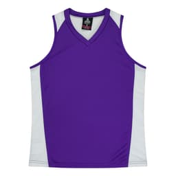 A purple singlet with white side panels and a v-neck design, featuring a logo.