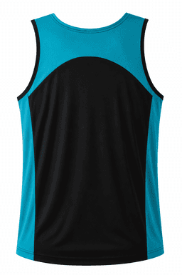 A men's singlet featuring a black body with turquoise accents on the shoulders and sides. It has a branding logo.