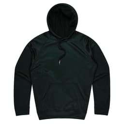 A dark green hoodie with a front pocket and adjustable drawstring hood. Features a logo on the chest.