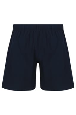 Navy blue men's sports shorts with an elastic waistband and logo branding. Ideal for school uniforms.