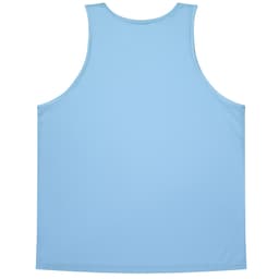 A light blue singlet featuring a simple design, with a logo in the corner. Suitable for kids.
