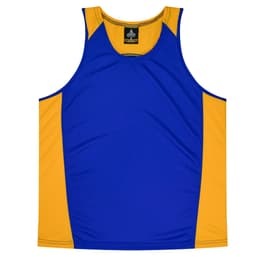 A blue and gold singlet featuring a logo. The design has contrasting coloured panels.