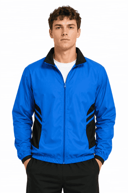 A men's track top in blue with black side panels and a zip front, featuring a collar and a logo.