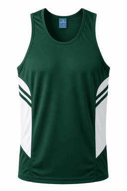 A green singlet with white side panels and a logo. Suitable for active wear and sports.