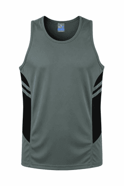 A men's singlet in grey with black side panels and branding, designed for casual wear or sports.