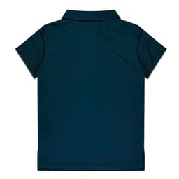 A navy blue polo shirt featuring a collar and short sleeves, with a logo on the back.
